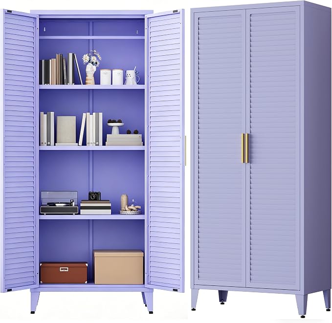 61 "H Purple Metal Cutlery Cabinet with Door Freestanding Kitchen Cabinet with 3 Adjustable Shelf Side Panels, Suitable for Kitchen, Living Room, Dining Room Metal Cabinet,Requires Assembly ﻿