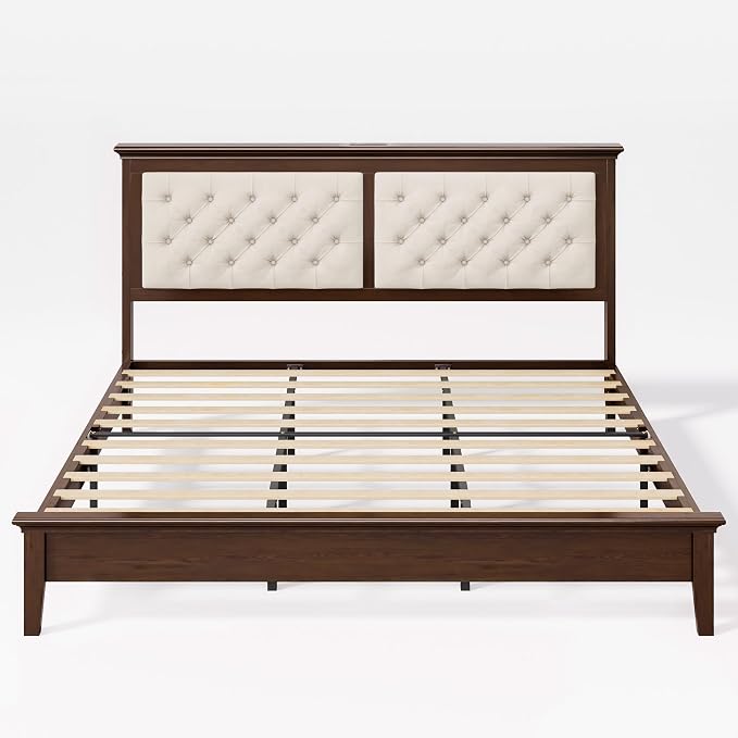 Lifezone Solid Wood King Size Bed Frame 46” Tall Diamond-Tufted Upholstered Headboard, American Classic Flat-Top Bed, Stable Structure, Wood Slats Support, Noise-Free, No Box Spring Needed, Walnut