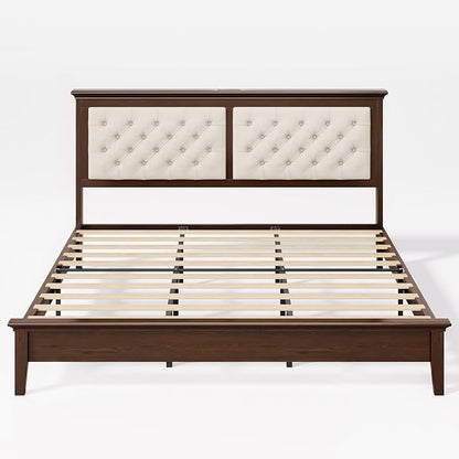 Lifezone Solid Wood King Size Bed Frame 46” Tall Diamond-Tufted Upholstered Headboard, American Classic Flat-Top Bed, Stable Structure, Wood Slats Support, Noise-Free, No Box Spring Needed, Walnut