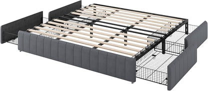 Allewie King Size Platform Bed Frame with 4 Large Storage Drawers, Velvet Vertical Channel Tufted Upholstered Bed Base, Wooden Slats Support, Noise-Free, No Box Spring Needed, Easy Assembly, Grey