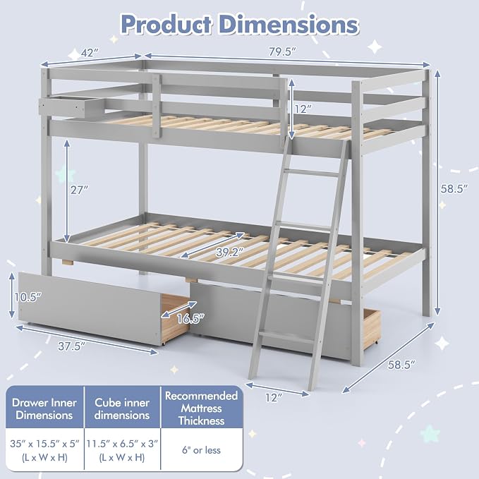 KOTEK Bunk Bed Twin Over Twin with 2 Storage Drawers, Solid Wood Bunk Bed Frame with Storage Cube, Guardrails, Ladder, No Box Spring Needed, Twin Bunk Beds for Kids Teens (Grey)