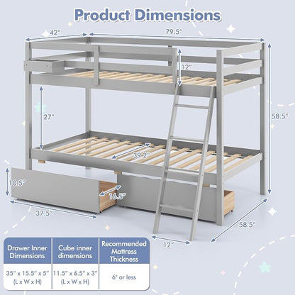 KOTEK Bunk Bed Twin Over Twin with 2 Storage Drawers, Solid Wood Bunk Bed Frame with Storage Cube, Guardrails, Ladder, No Box Spring Needed, Twin Bunk Beds for Kids Teens (Grey)