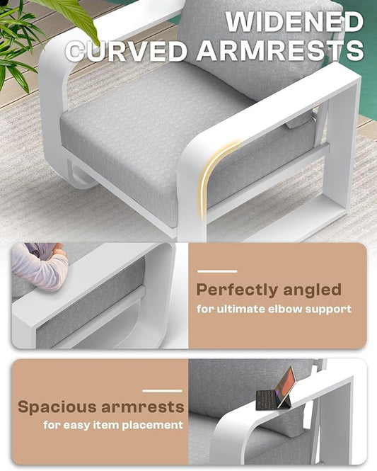Oversized Aluminum Outdoor Furniture Set, Extra Large Patio Furniture Sofa Set 4.8” Widened Armrest & Ultra-Thick Cushions, 4 Pcs Modern Patio Sectional for Backyard, Porch, White
