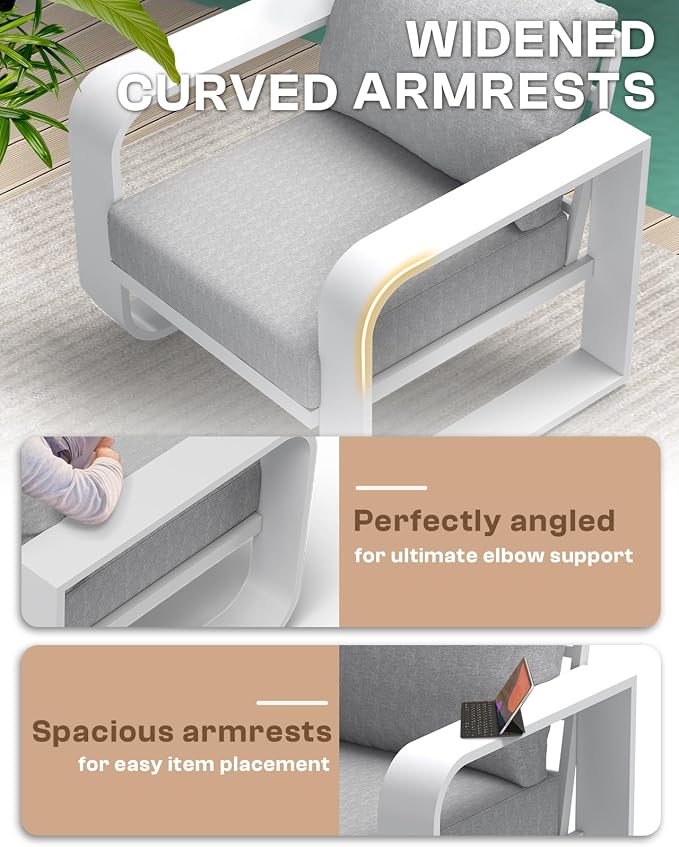 Oversized Aluminum Outdoor Furniture Set, Extra Large Patio Furniture Sofa Set 4.8” Widened Armrest & Ultra-Thick Cushions, 4 Pcs Modern Patio Sectional for Backyard, Deck, White