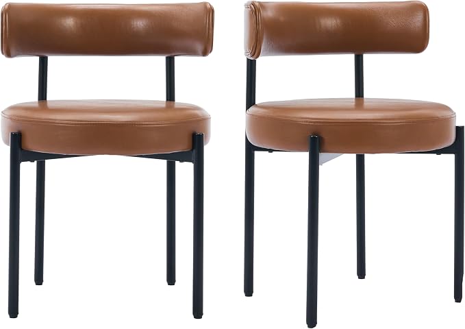 Faux Leather Dining Chairs Set of 4, Upholstered Kitchen and Dining Room Chairs, Mid-Century Modern Dining Chairs with Round Back and Black Metal Legs, Vegan Leather, Brown