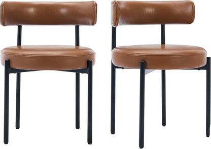 Faux Leather Dining Chairs Set of 4, Upholstered Kitchen and Dining Room Chairs, Mid-Century Modern Dining Chairs with Round Back and Black Metal Legs, Vegan Leather, Brown