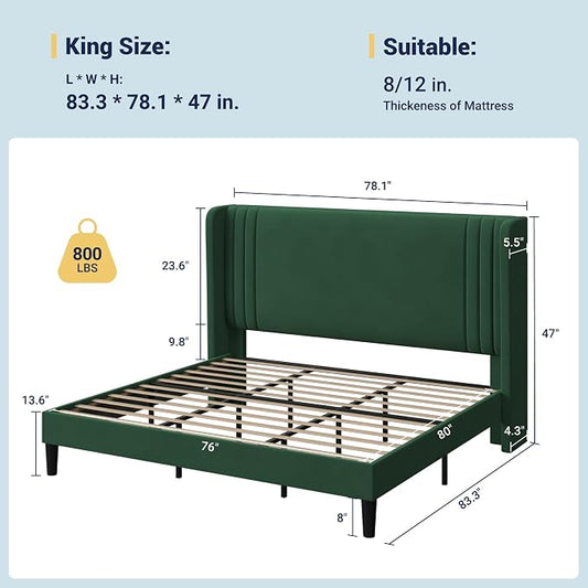 Allewie King Size Velvet Platform Bed Frame with Vertical Tufted Wingback Headboard, Easy Assembly, Under Bed Storage, No Box Spring Required, Modern Style, Green