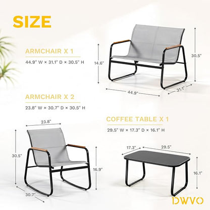 DWVO 4-Piece Patio Furniture Set, Textilene Conversation Set with Wooden Armrest Rocking Chairs and Tempered Glass Table for Indoor Outdoor Patio Lawn Garden Poolside, Grey