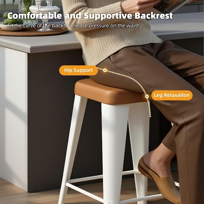 Bar Stools Set of 2, 30" Bar Height Bar Stools Backless, Upholstered Bar Stools with Brown Seat and White Metal Legs for Kitchen Island, Study Room, Cafe