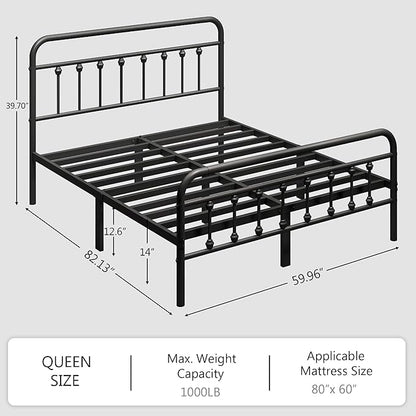 zunatu Queen Size Metal Platform Bed Frame/Victorian Style Headboard and Footboard/Steel Slat Support/Easy Assembly/No Box Spring Needed/Underbed Storage/Noise Free/Black