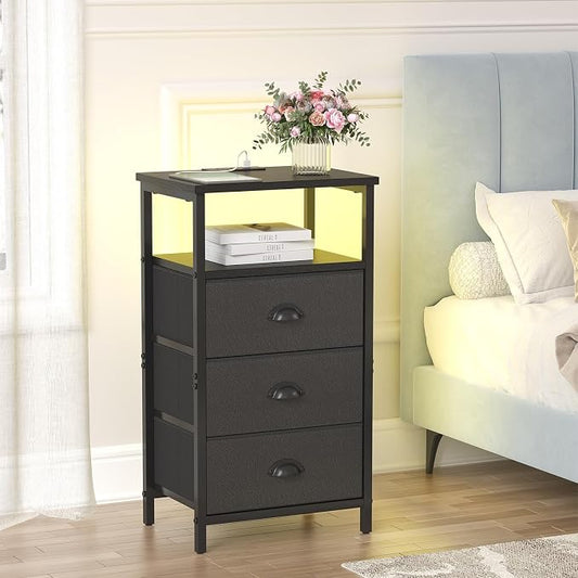 sthmec Nightstand with Charging Station,LED Black Nightstand with 3 Fabric Drawers PU Finish, Bedside End Tables, 2-Tier Open Storage Shelf Side Table Nightstand with Drawers for Bedroom,Black