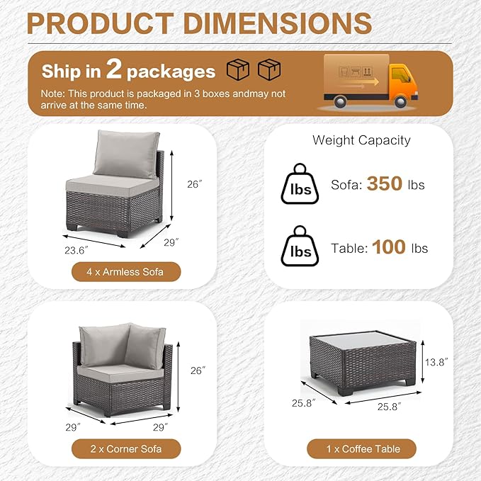 MOCHITO 5 Pieces Outdoor Patio Furniture Sets, All-Weather Sectional Sofa Dark Brown PE Rattan Wicker Conversation Set with Glass Table and Washable Grey Cushions for Backyard,Sunroom,Garden,Porch