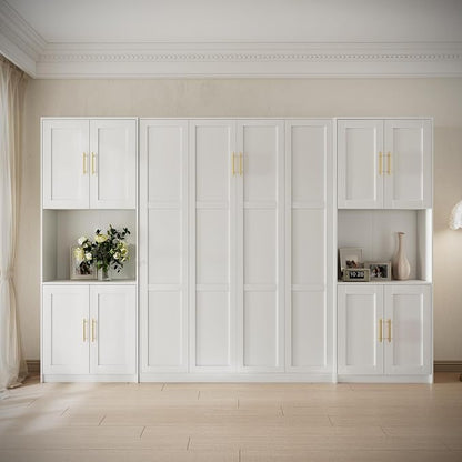 Bobve Farmhouse Murphy Bed Queen, 85" Wall Bed Folds to Save Space, Concealed Bed Frame with 2 Storage Cabinets and Wall Mounted Features for Apartment/Office/Guest Room