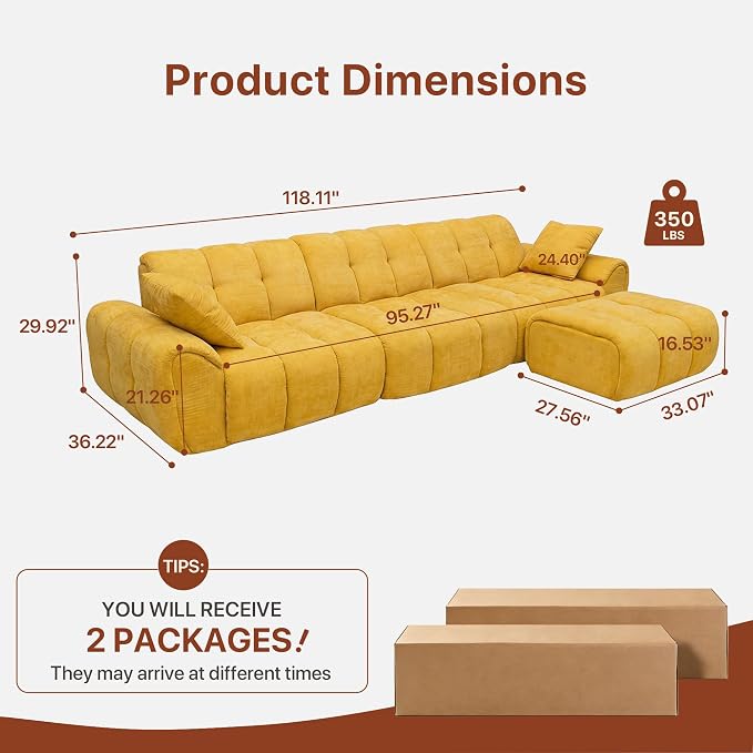 Claiks 118" Modern Boneless Couch, Corduroy Modular Cloud Sofa for Living Room, Deep Seat Sectional with Movable Ottoman, No Assembly Required, Yellow