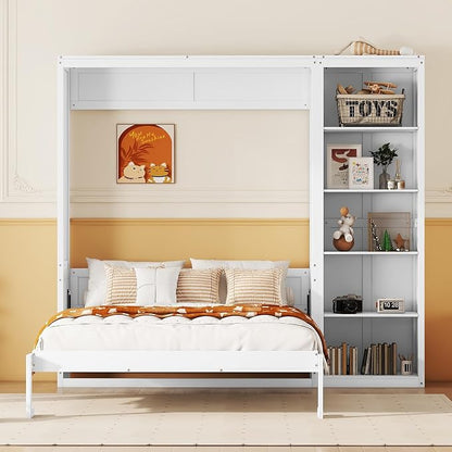 Merax Space-Saving White Murphy Bed Full Size with Adjustable Storage Shelves, Multifunctional Foldable Wall Bed for Small Spaces Studio Study Office Guest Room