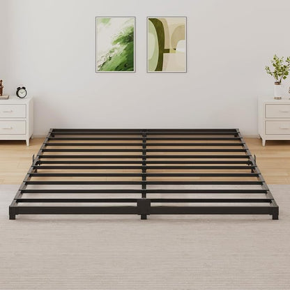 3 Inch Low Profile Queen Size Bed Frame, Noise-Free Heavy Duty Metal Platform with Mattress Stopper, No Box Spring Needed, Easy Assembly Steel Support, Black