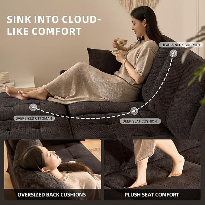 112" U Shaped Modular Cloud Sectional Couch, Waffle Fabric, Black | Modular Deep Seat Sofa, Movable Ottoman, Pocket Spring Cushions, 2-Box Delivery, Living Room Lounge Use, Not Boneless