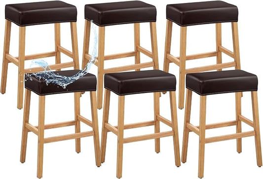 PU Leather Bar Stool Covers Rectangular, 100% Waterproof Stool Covers Rectangle Super Stretch 20% Thicker Leather Saddle Stools Cover Rectangular Counter Bar Stools with Elastic Band (6 PCS, Brown)