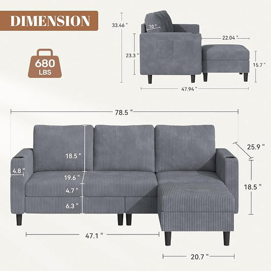 Luxanimarion Upholstered Sectional Sofa and Couches, 78'' L Shaped 3-seat Sofa forLiving Room, Apartment,Lounge,Bedroom-Washable Covers Convertible Sofas(Linen Fabric,Light Gary)