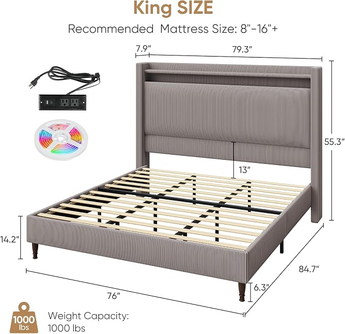King Bed Frame with 55.3" Tall Headboard, Corduroy Upholstered Platform Bed with LED Lights & Charging Station, Wingback Storage Headboard, Solid Wood Slats,Noise Free,No Box Spring Needed,Gray Brown