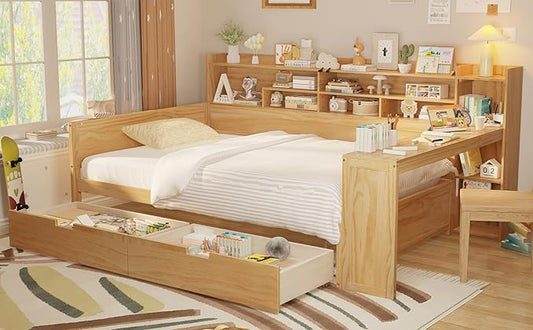 Merax Full Size Wood Daybed, Corner Bed Frame with Storage Shelves, 2 Drawers & Study Desk & Built-in Workspace, Multi-Functional Wooden Bed Space-Saving for Bedroom, Dorm, Guest Room, Natural