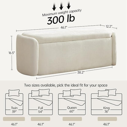 VKNOW 46" Oval Storage Ottoman Bench, Upholstered End of Bed Bench Ottomans Bench Foot Rest, Sherpa Storage Bench for Bedroom, Living Room and Hallway, Beige