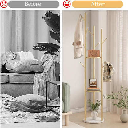 TIEOU Metal Coat Rack, Gold Coat Racks Freestanding with Shelves and Marble Base, Coat Tree with 9 Hooks for Scarves, Bags, Modern Coat Rack Stand for Entryway, Living Room, Bedroom, Easy Assembly