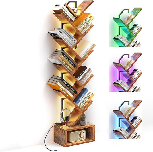 Casaottima Tree Bookshelf with LED Lights, 8-Tier Narrow Bookcase for Small Spaces, Tall Steel & Wood Storage Shelf with Cabinet, Home Decor & Organizer for Living Room/Bedroom/Home Office, Vintage