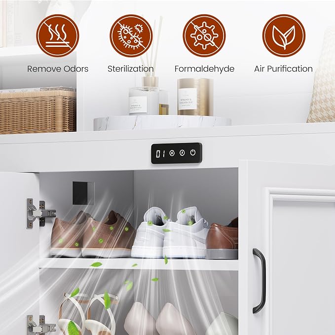 UPOSOJA Hall Tree with Deodorizing, Entryway Bench Shoe Storage, Coat Racks, Led Lights, 7 Coat Hooks, 7 Storage Cubbies, Adjustable Shelf (White)