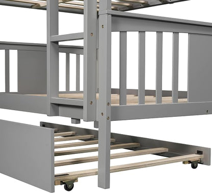 Merax Full-Over-Full Bunk Bed with Twin Trundle, Solid Wood Bunk Bed Frame with Guardrail and Removable Ladder, Can be Separated into 2 Beds, Grey