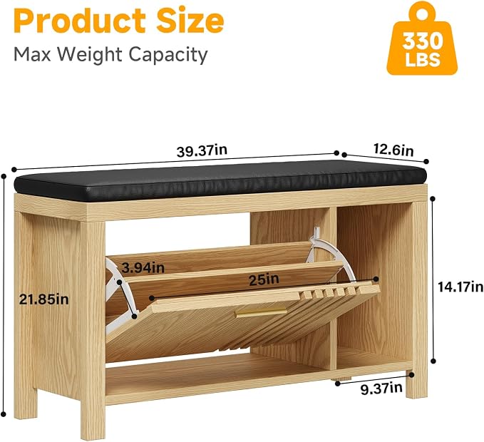 UNIQUITE 40" Shoe Storage Bench with Flip Drawers & Padded Seat Cushion, Open Compartments & Slatted Doors, Entryway Bench with Shoe Storage for Entryway, Hallway, Living Room, Bedroom, Natural