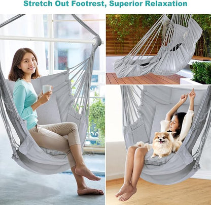 Outerman Hammock Chair, Hanging Chair with 3 Cushions and Foot Rest Support, Durable Metal Spreader Bar Max 440 Lbs, Swing Chair for Bedroom, Indoor & Outdoor, Patio, Porch or Tree（Gray）