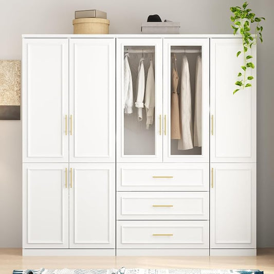 WOODTIME Wardrobe Closet with 3 Hanging Rods, 8 Framed Doors & 3 Drawers, Modern Wooden Armoire with Glass Doors & 7 Shelves, Clothes Storage Cabinet Organizer for Bedroom, White