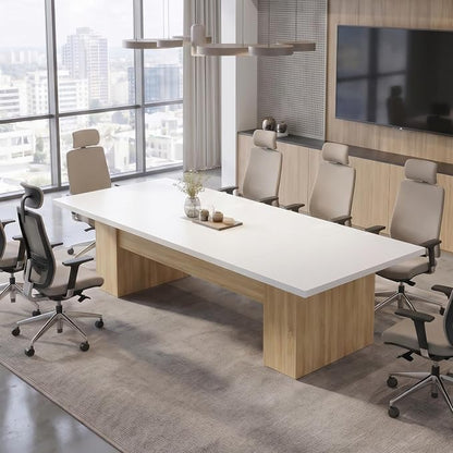 130" W Extra Large Conference Desk Table for 8-10 Persons, Modern Office Work Desk with Sturdy Pedestal Base, Long Rectangular Executive Study Table for Office, Living Room, White & Oak