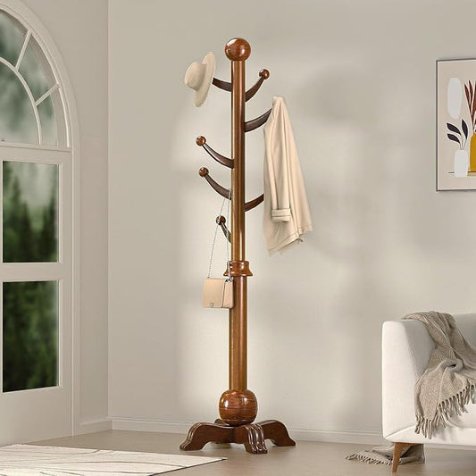 Hall Tree, Freestanding Wood Tree Rack with 7 Hooks, Coat Rack with Stable Sphere Base, Wooden Coat Rack Stand, Load 210 lb, Coat Hanger Stand for Entryway, Hallway, Bedroom, H:72 in, Walnut