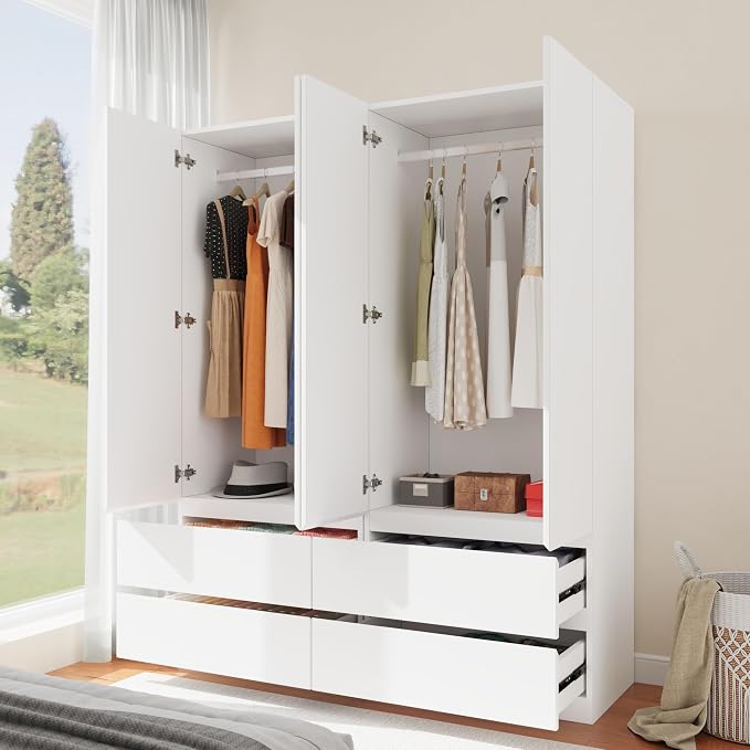 Armoire Wardrobe Closet with 4 Doors, Wooden Wardrobe Cabinet with 4 Drawers, Hanging Rod & Shelves, Freestanding Closets for Bedroom (White, 2)