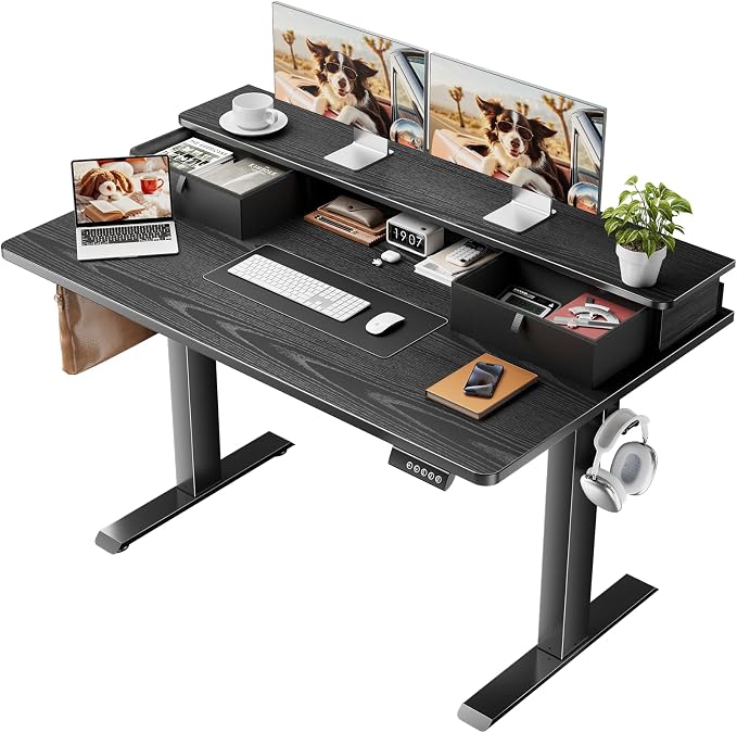 Veken 47x28 in Electric Standing Desk with Drawers, Adjustable Table, Black | Stand up Computer Desk for Home Office, Work & Study, with Storage, 3 Memory Presets, Cable Organizer, Hook, and Quiet Lift.