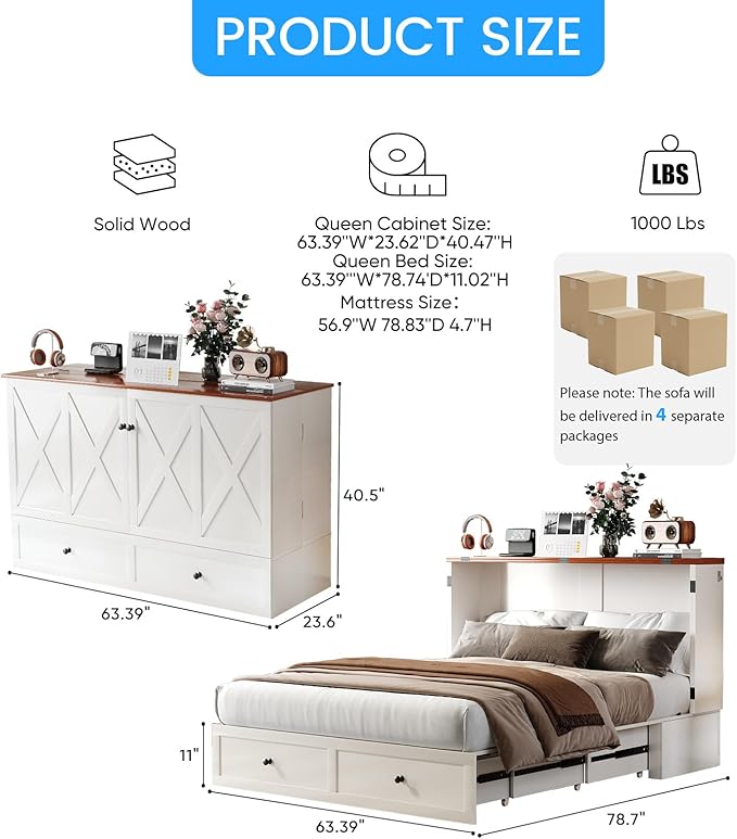PUREMIND Murphy Bed Queen with Mattress Included, X Frame Cabinet Beds Chest with Charging Station & Storage Drawers, Convertible Hideaway Cabinet Bed for Guest Room, White