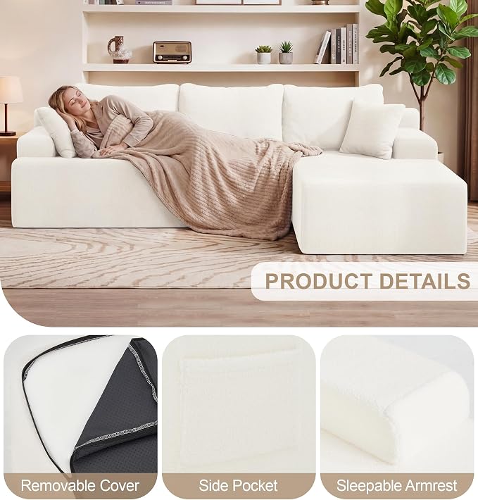 Hobestluk Modular Sectional Sofa Couches L-Shape Couch 3 Seat Modular Sofa Memory Foam Sectional Couches for Living Room, Cloud Couch with Oversized Chaise (White Smooth, 96", Right Hand Facing)