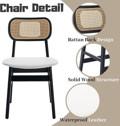 ROCITY Rattan Dining Chairs Set of 2 Black Wooden Dining Room Chairs White Faux Leather Kitchen Chairs with Back Farmhouse Side Chairs