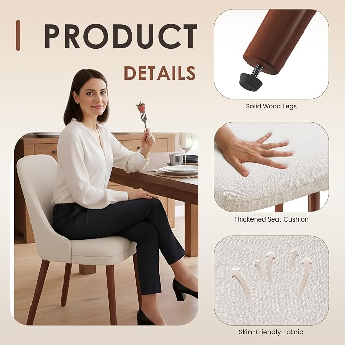 MALOL Dining Room Chair Set of 6, Upholstered Kitchen Chairs with Wood Legs, High-Back Padded Dining Chairs for Dining Room/Restaurant/Cafe, Beige