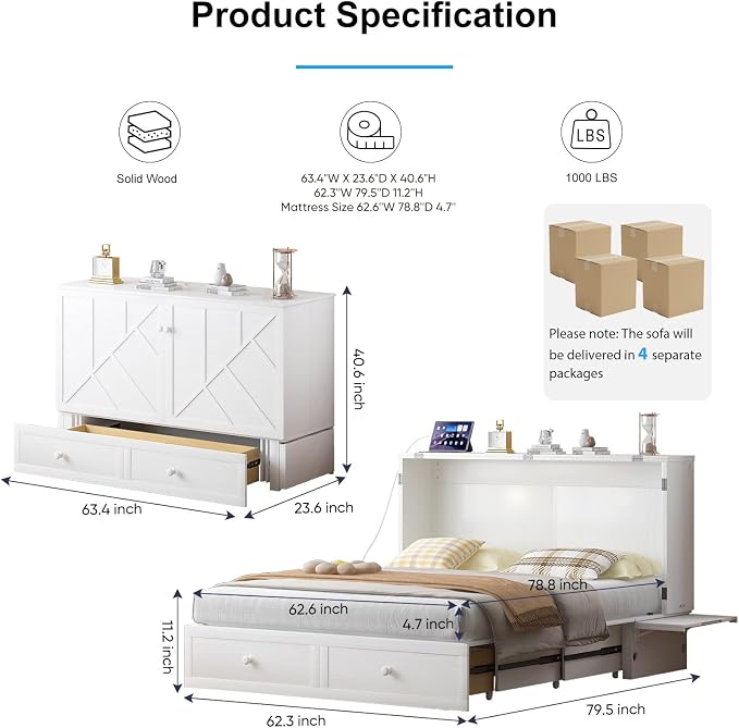 PUREMIND Murphy Bed Queen with Mattress Included, Hideaway Wallbed Cabinet Bed with 2 Storage Drawers, USB Charging Ports & Headboard, Space-Saving Chest Beds for Home, Guest Room, White