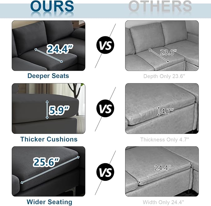 VINGLI 110" Modern Sectional Couch with 51" D Double Chaise, Dark Grey Deep Seat U Shaped Couch with Removable Pillows & Metal Legs, Comfy 4-Seat Sofas for Living Room, Linen Fabric