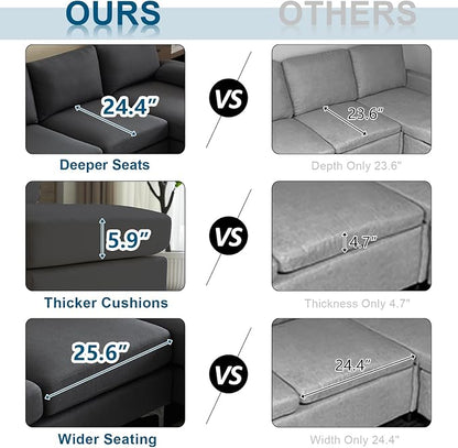 VINGLI 110" Modern Sectional Couch with 51" D Double Chaise, Dark Grey Deep Seat U Shaped Couch with Removable Pillows & Metal Legs, Comfy 4-Seat Sofas for Living Room, Linen Fabric