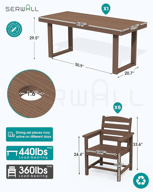 SERWALL HDPE Outdoor Dining Set for 6, 67'' Patio Table and Chairs Set | with Armchair Seat