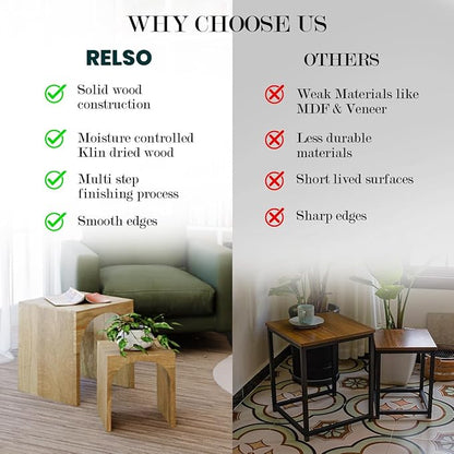 Relso Arch Duo Solid Mango Wood Nesting Tables for Living Room Set of 2 | Stylish Sustainable Design Nesting Side Tables | Unique Arched Cutouts Nesting Stools | Mid Century Nesting Tables