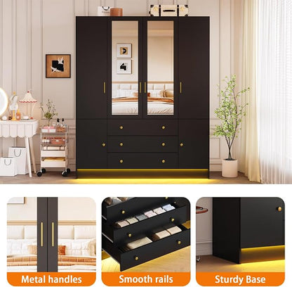 4 Doors LED Armoire Wardrobe Closet with Mirror, 75" Tall Modern Wooden Wardrobe Closet with 3 Drawers, Freestanding Clothing Storage Cabinet with Hanging Rod, Adjustable Shelves, Black