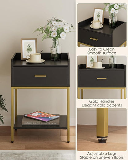 Masupu Nightstand,Bedside Table 3-Tier Modern Night Stand with Storage Drawer and Shelf,Small End Side Table for Bedroom,Living Room,Black (Without Outlet, Black)