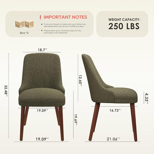 MALOL Dining Room Chair Set of 4, Upholstered Kitchen Chairs with Wood Legs, High-Back Padded Dining Chairs for Dining Room/Restaurant/Cafe, Green