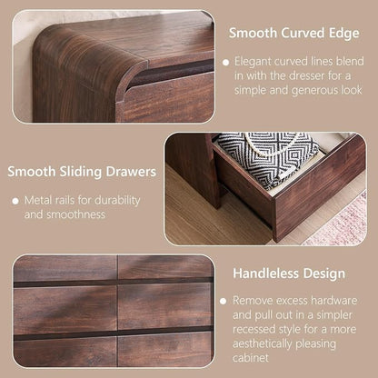 Aitjunz Modern 6 Drawers Dresser for Bedroom, 47" Wide Wood Dressers & Chests of Drawers w/Curved Profile Design, Mid Century Modern Dresser w/Natural Texture for Bedroom, Living Room, Brown